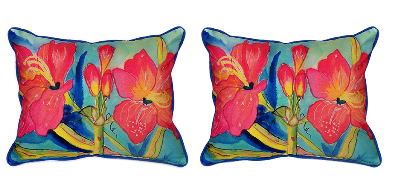 Pair of Betsy Drake Pink Amaryllis Large Pillows 15 Inch x 22 Inch
